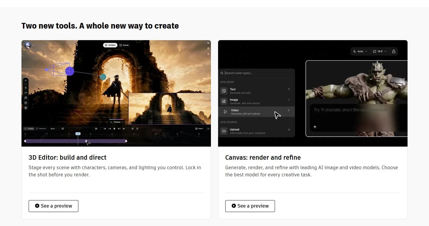 Page Autodesk présentant les deux nouveaux outils de Flow Studio : à gauche le 3D Editor avec une caméra placée dans une scène de ruines et une timeline, à droite le Canvas avec le menu d'ajout de nodes Text, Image, Video et Upload.