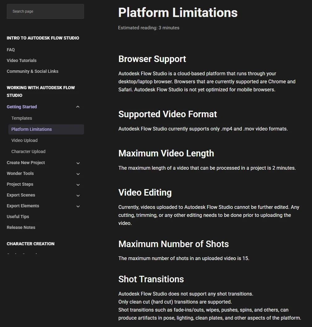 Page de documentation Platform Limitations d'Autodesk Flow Studio : navigateurs Chrome et Safari, pas optimisé pour le mobile, formats mp4 et mov, 2 minutes maximum, 15 plans maximum, coupes franches uniquement.
