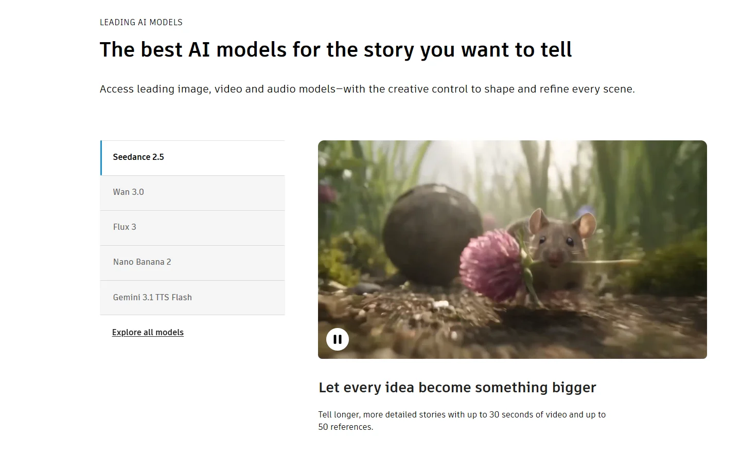 Section Leading AI models de la page produit Flow Studio, qui met en avant Seedance 2.5, Wan 3.0, Flux 3, Nano Banana 2 et Gemini 3.1 TTS Flash, avec jusqu'à 30 secondes de vidéo et 50 références.