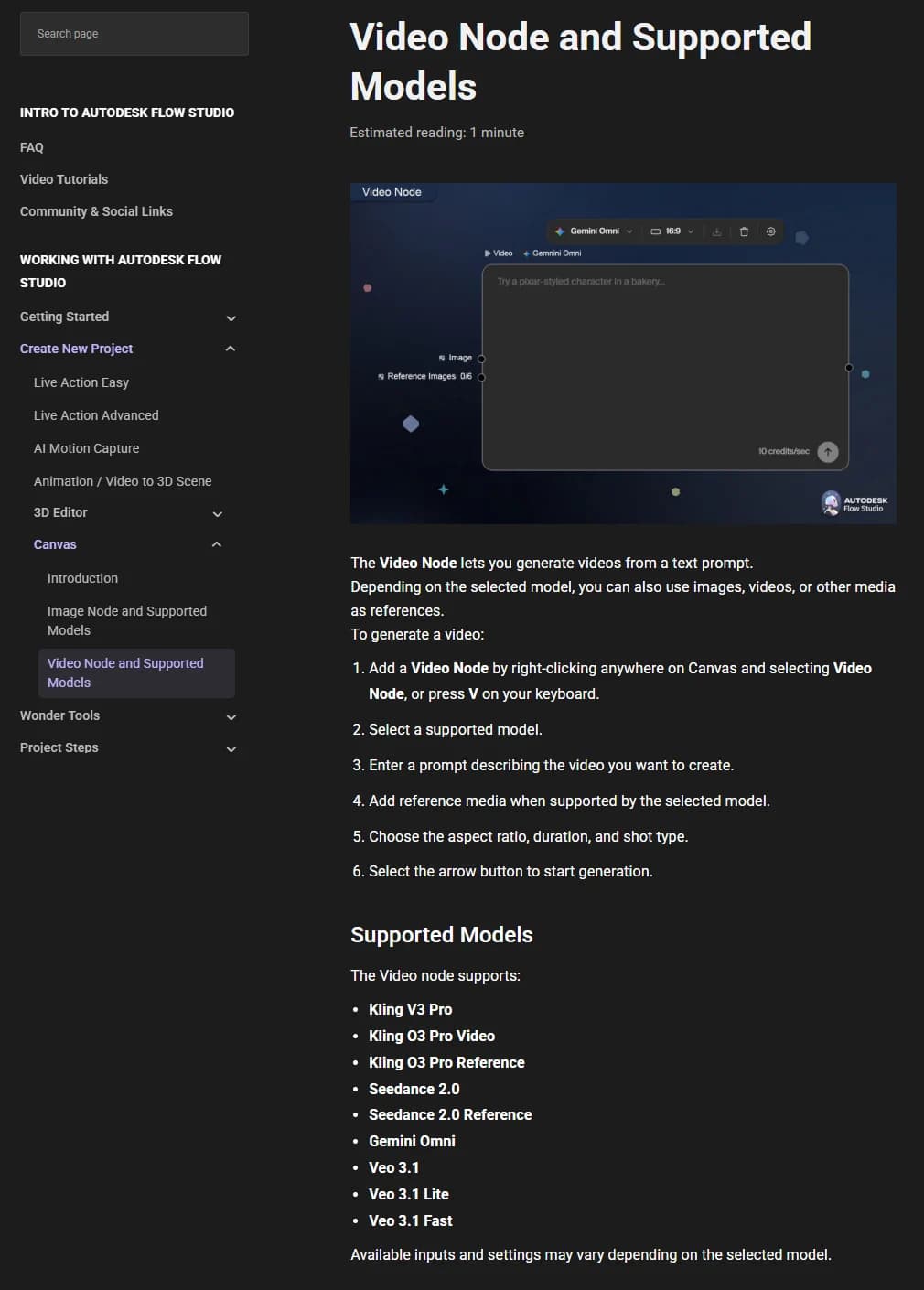 Documentation Autodesk Flow Studio du node Vidéo, avec la liste des modèles pris en charge : Kling V3 Pro, Kling O3 Pro Video, Kling O3 Pro Reference, Seedance 2.0, Seedance 2.0 Reference, Gemini Omni, Veo 3.1, Veo 3.1 Lite et Veo 3.1 Fast.
