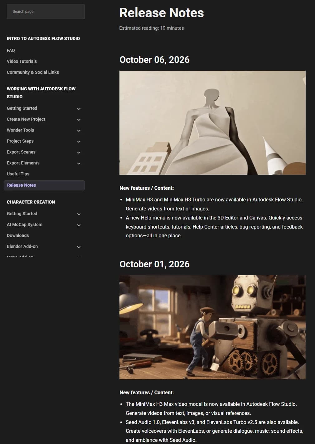 Notes de version Autodesk Flow Studio des 6 et 1er octobre 2026 : arrivée de MiniMax H3, H3 Turbo et H3 Max, d'un menu d'aide, de Seed Audio 1.0, ElevenLabs v3 et ElevenLabs Turbo v2.5.