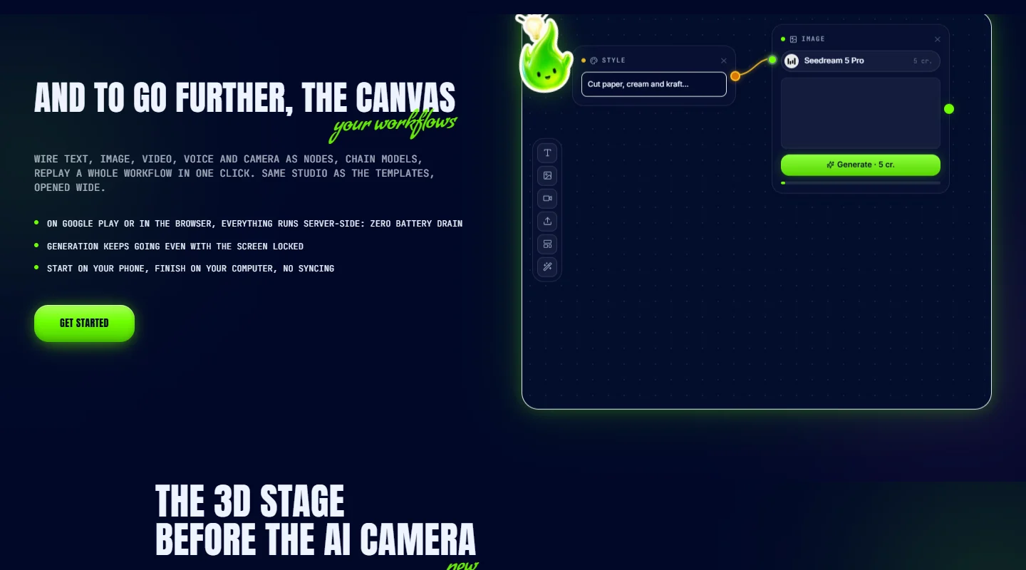 Canvas section of the Imaginode home page: a Style node wired to an Image node set to Seedream 5 Pro, with a cost of 5 credits shown on the Generate button.