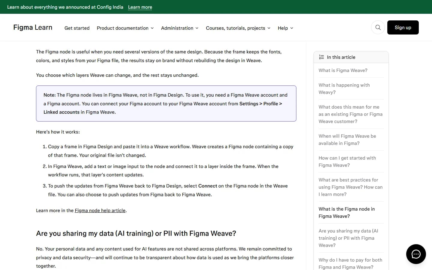 Figma Weave FAQ on Figma's help center, Figma node section: the node lives in Figma Weave, it needs linked Figma and Weave accounts, and three steps to copy a frame, wire layers and push updates back.