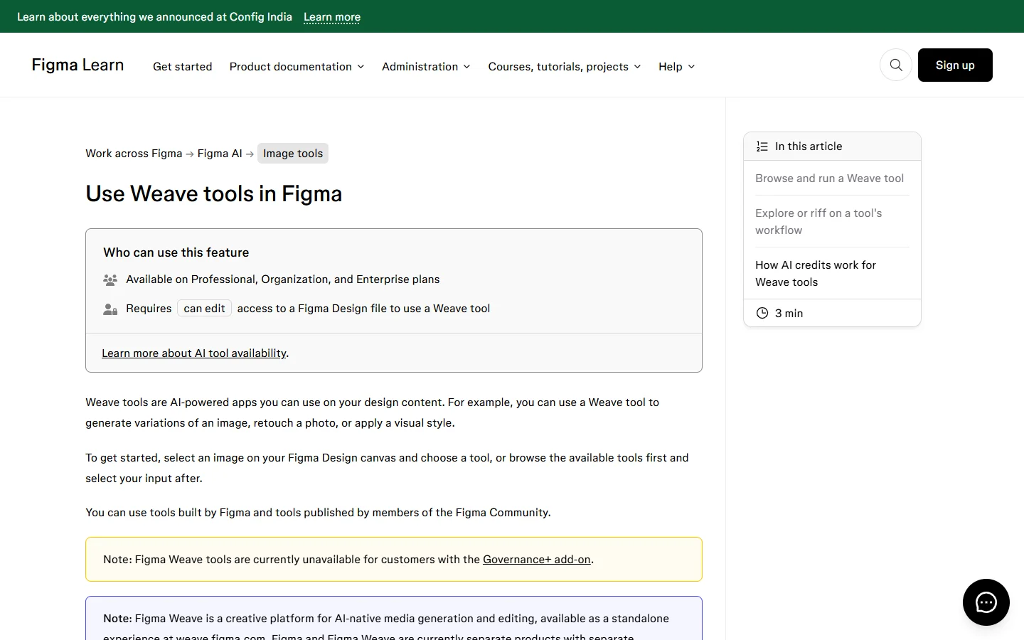 Figma help page "Use Weave tools in Figma": Who can use this feature box, available on Professional, Organization and Enterprise plans, can edit access required, note about the Governance+ add-on.