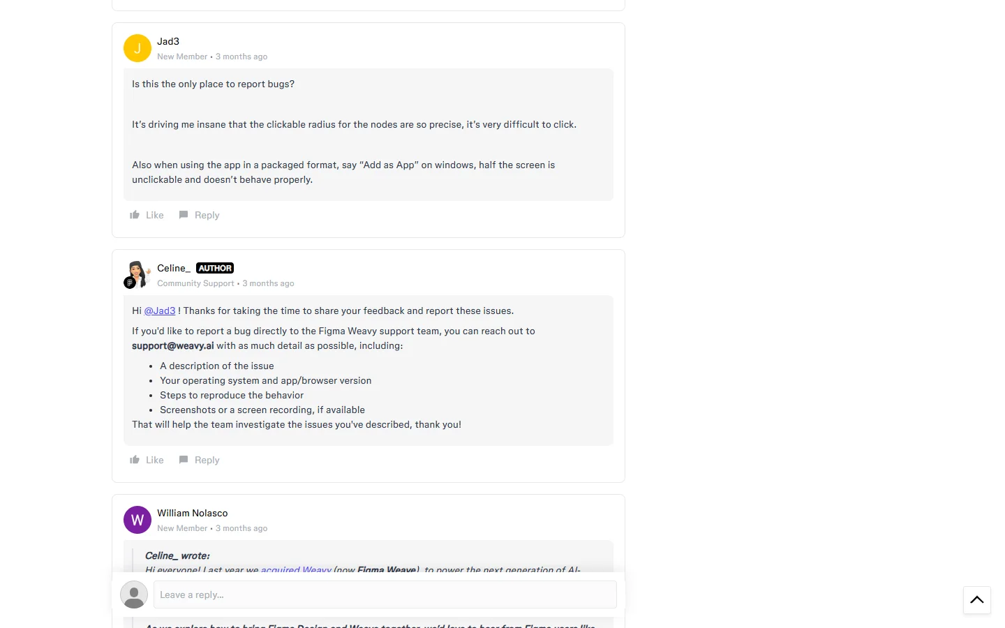 "Share your feedback on Figma Weave" thread on Figma's official forum: a member reports nodes that are hard to click and a bug in the Windows app, and the support team replies to contact support@weavy.ai.