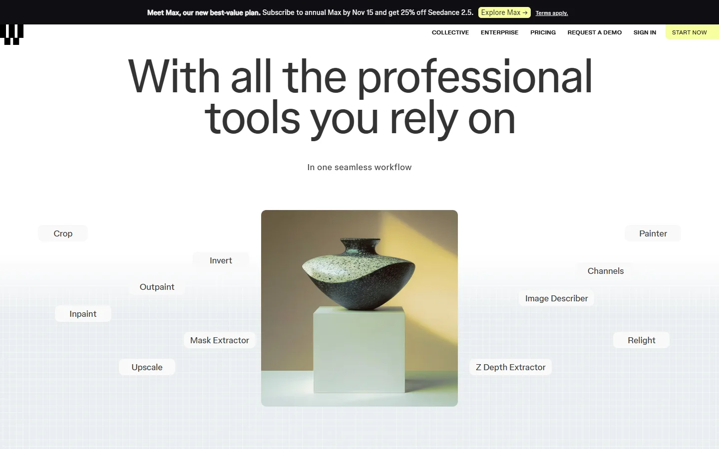 Figma Weave home page section "With all the professional tools you rely on": Crop, Invert, Outpaint, Inpaint, Mask Extractor, Upscale, Painter, Channels, Image Describer, Relight and Z Depth Extractor labels around a vase on a plinth.