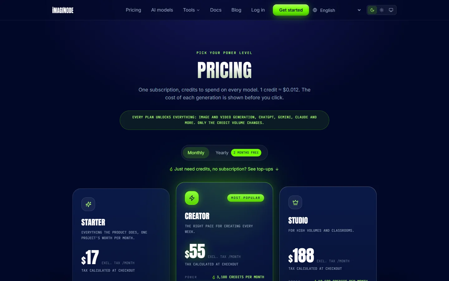 Imaginode pricing page in English: Starter $17, Creator $55 and Studio $188 a month before tax, every plan unlocks every model.
