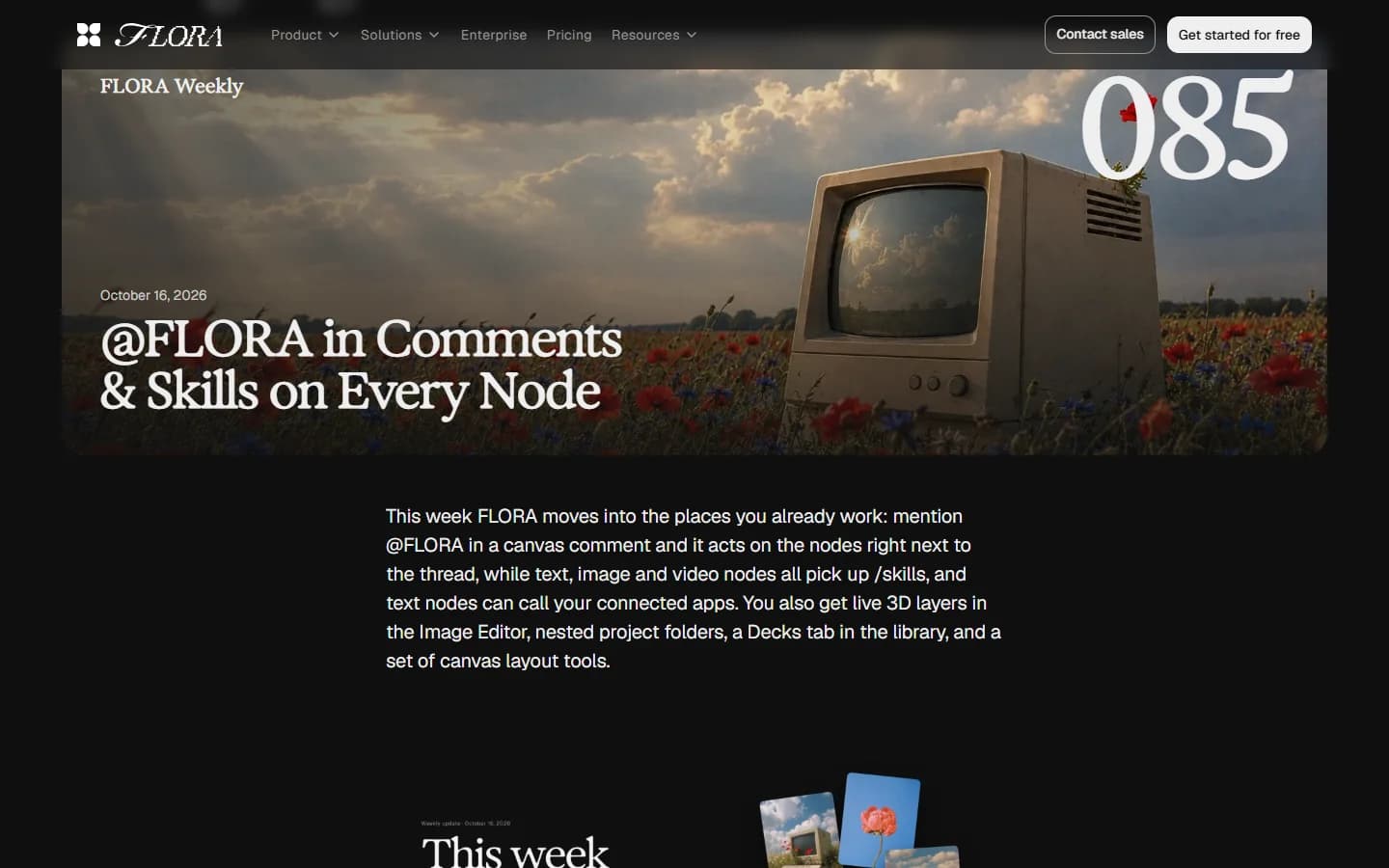 FLORA changelog issue 085, dated October 16, 2026, titled @FLORA in Comments & Skills on Every Node, with its summary.