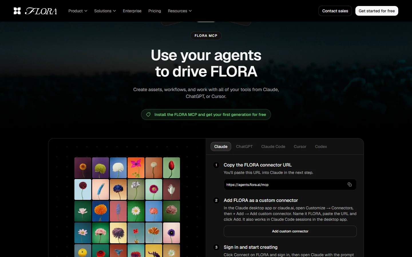 FLORA MCP page: headline Use your agents to drive FLORA, tabs for Claude, ChatGPT, Claude Code, Cursor and Codex, and the connector setup steps.