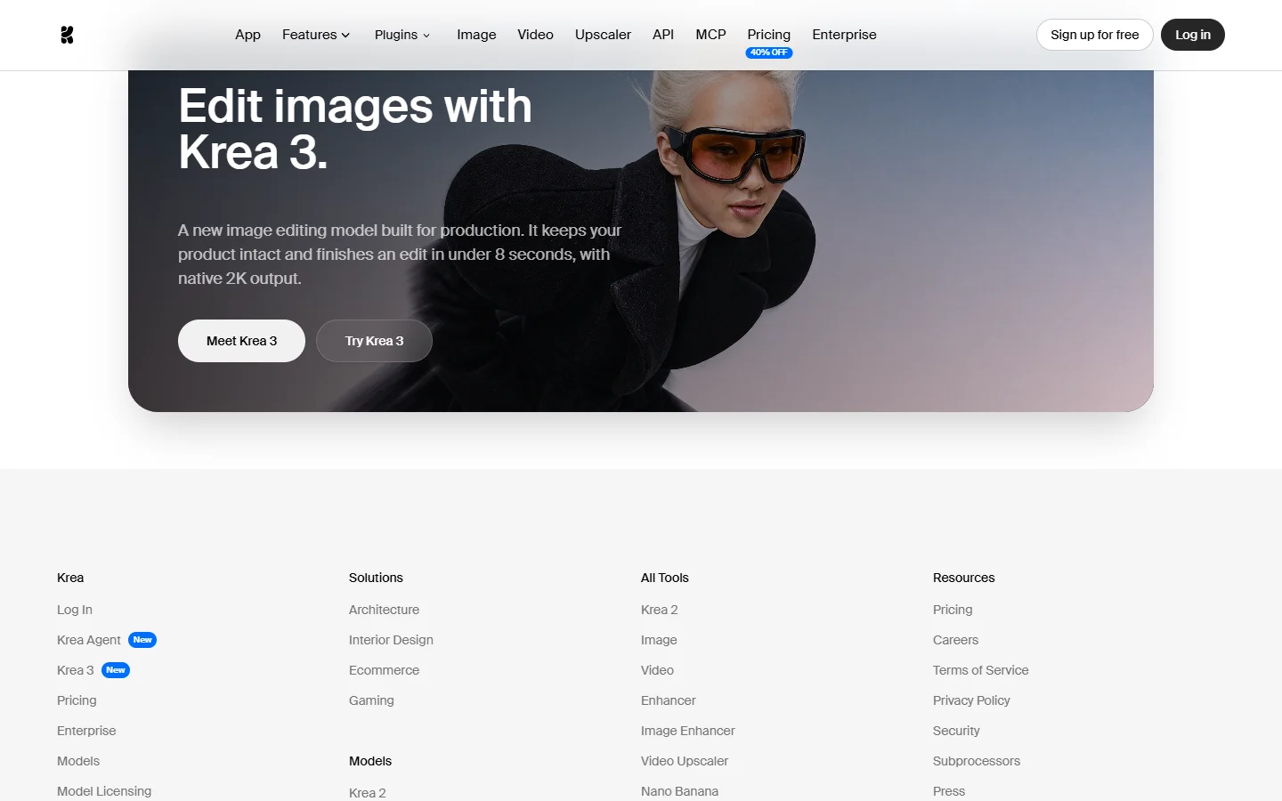 Krea 3 block on the krea.ai homepage: Edit images with Krea 3, an editing model that finishes in under 8 seconds with native 2K output, Meet Krea 3 and Try Krea 3 buttons.