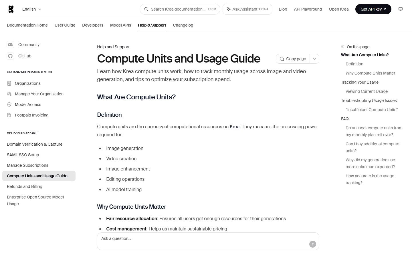 Compute Units and Usage Guide page in Krea's documentation, with the definition of units and the FAQ on whether unused units roll over.