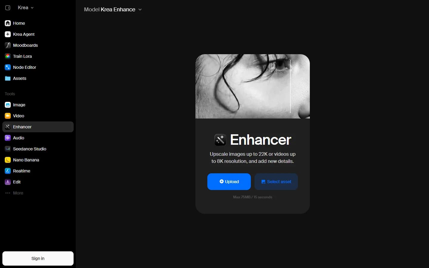 Krea Enhancer: before and after close-up of an eye, text Upscale images up to 22K or videos up to 8K, Upload and Select asset buttons, 75 MB and 15 seconds limit.