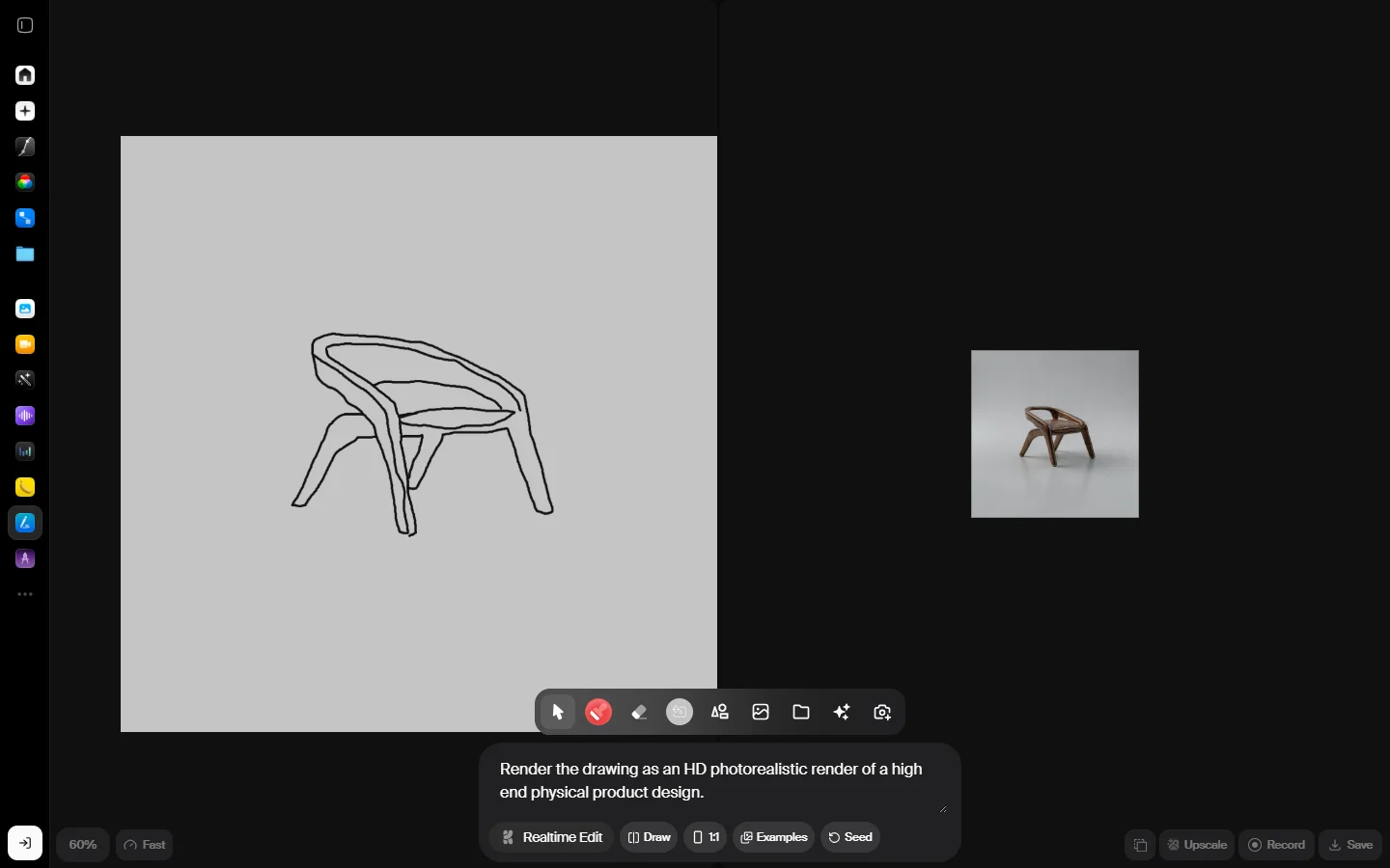 Krea Realtime tool: black chair sketch on a grey canvas on the left, photo of a wooden chair on the right, drawing toolbar and prompt at the bottom.