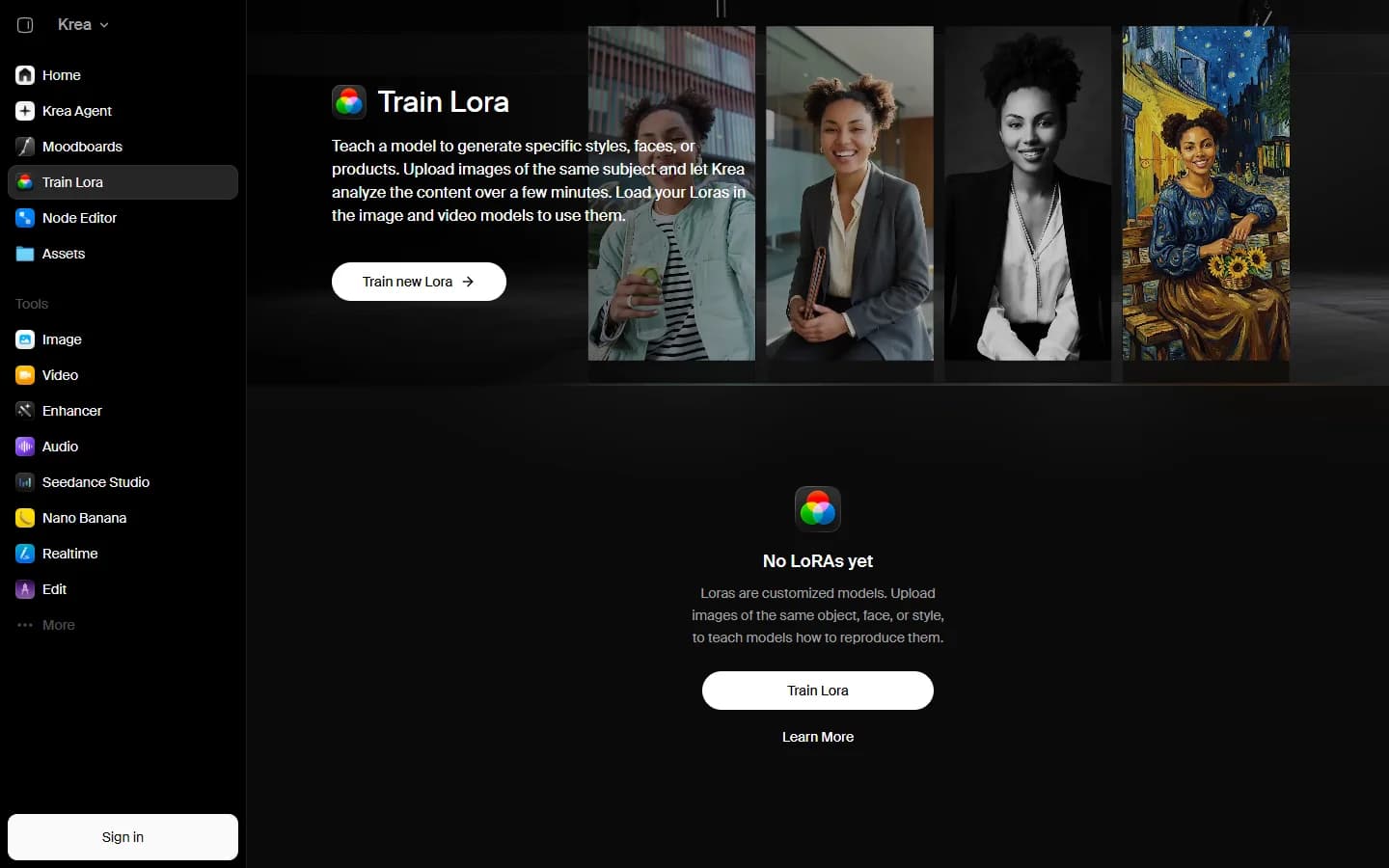 Krea Train Lora page: explanation text, Train new Lora button, four portraits of the same woman in different styles, no saved LoRA.