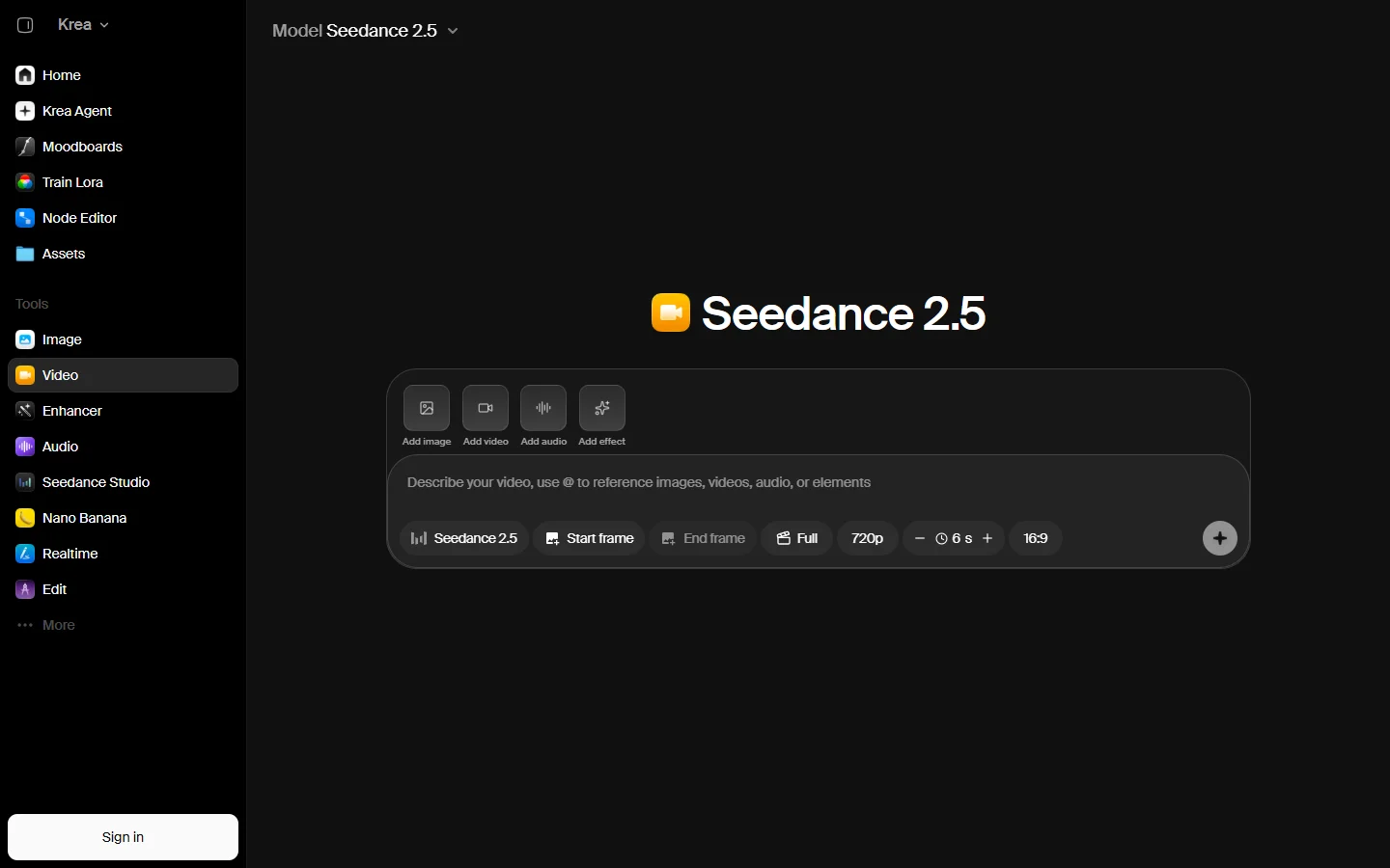 Krea Video tool set to Seedance 2.5: prompt field, Add image, Add video, Add audio and Add effect buttons, Start frame, End frame, 720p, 6 s and 16:9 settings.