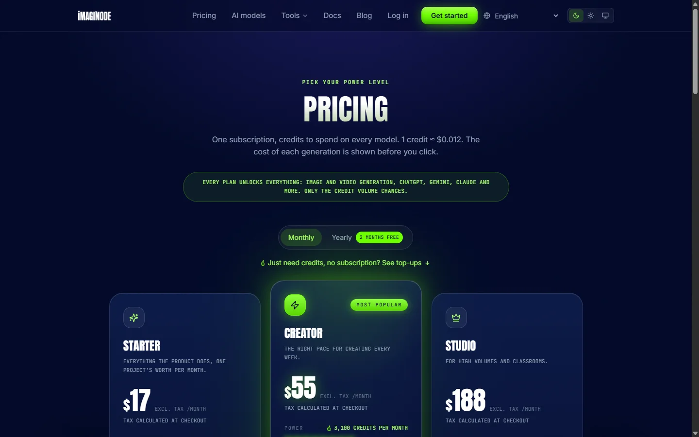 Imaginode pricing page in English: Starter $17, Creator $55 and Studio $188 per month excluding tax, with the cost of each generation shown before you click.