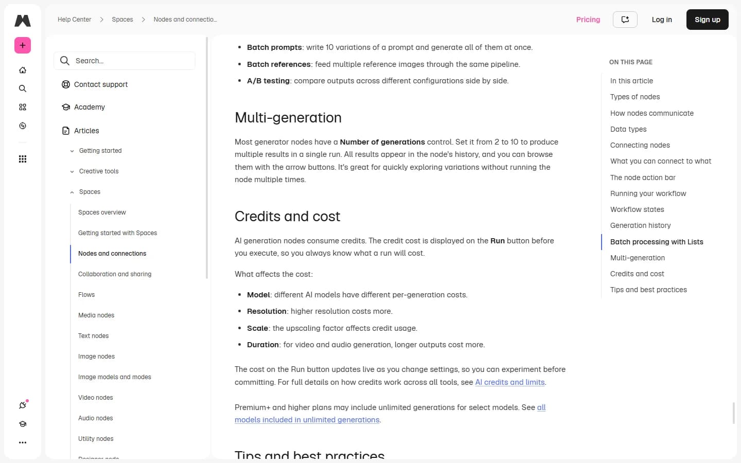 Magnific docs, Nodes and connections page: the Multi-generation section (2 to 10 results) and the Credits and cost section, with the cost shown on the Run button.