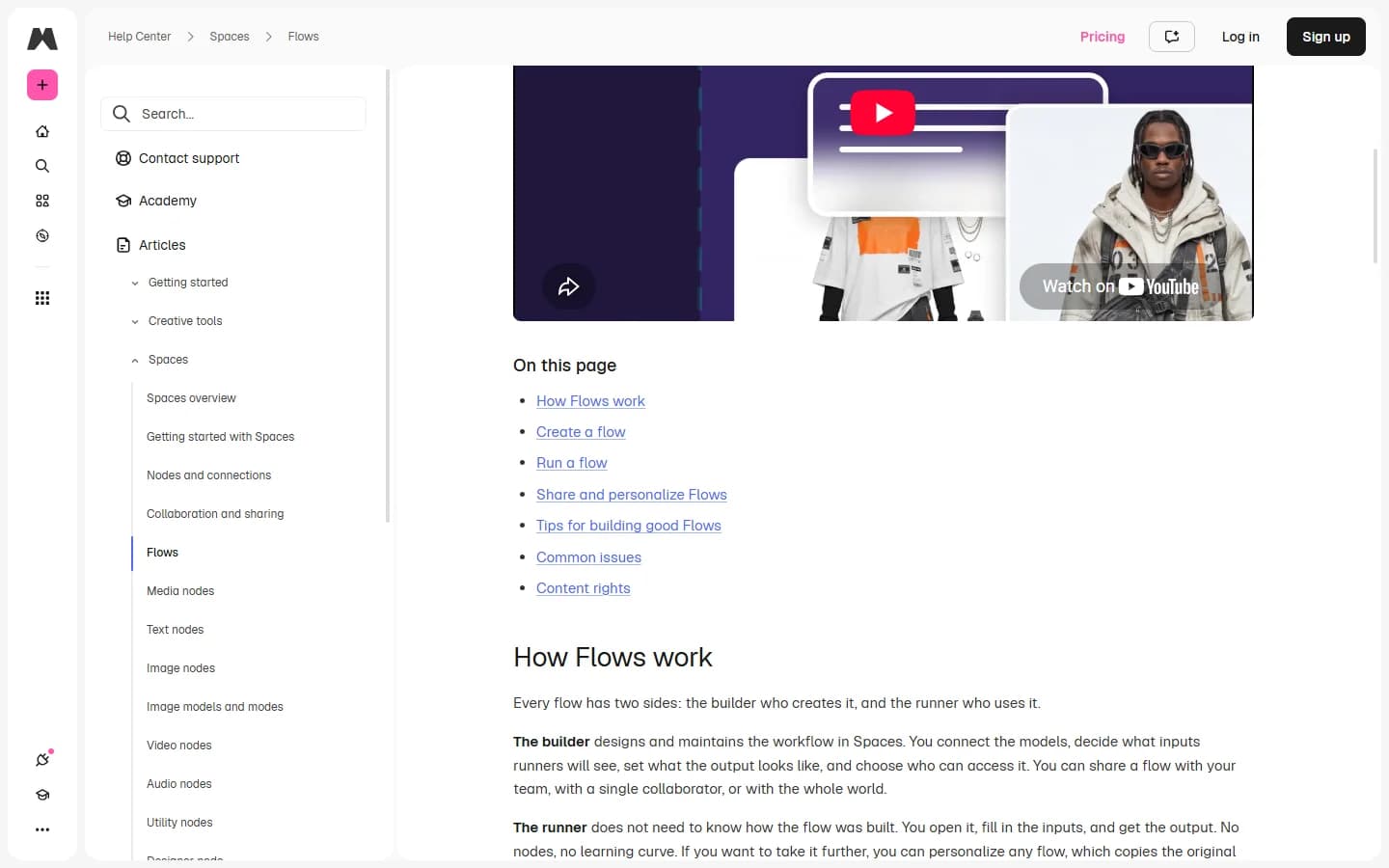 Magnific docs, Flows page: table of contents (How Flows work, Create a flow, Run a flow, Share and personalize Flows) and the builder versus runner explanation.
