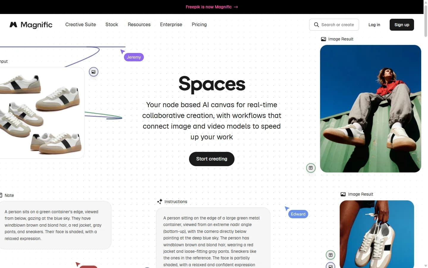 Magnific Spaces page: the Spaces headline, the real-time node canvas pitch, image and text nodes connected, with two named collaborator cursors, Jeremy and Edward.