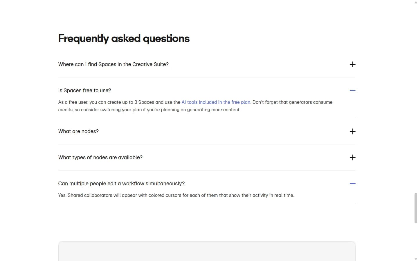 Spaces page FAQ expanded: Is Spaces free to use, up to 3 Spaces on the free plan; Can multiple people edit a workflow simultaneously, yes with colored cursors.