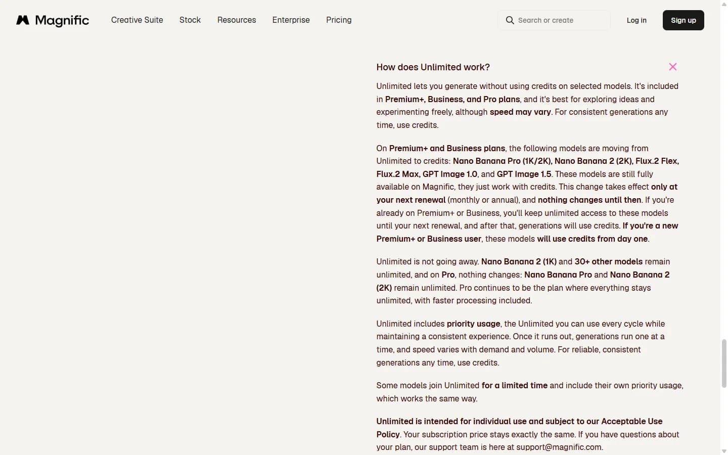 How does Unlimited work FAQ on the Magnific pricing page: list of models moving back to credits on Premium+ and Business, priority usage then one-at-a-time generations.