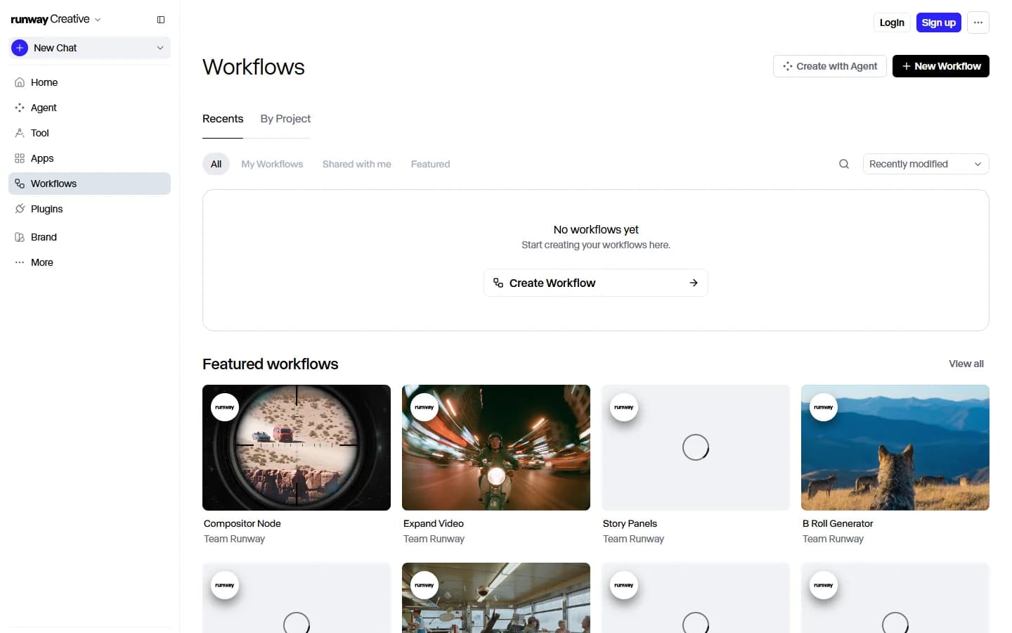 Page Workflows de l'application Runway en mode invité : boutons Create with Agent et New Workflow, liste vide, puis Featured workflows avec Compositor Node, Expand Video, Story Panels et B Roll Generator.