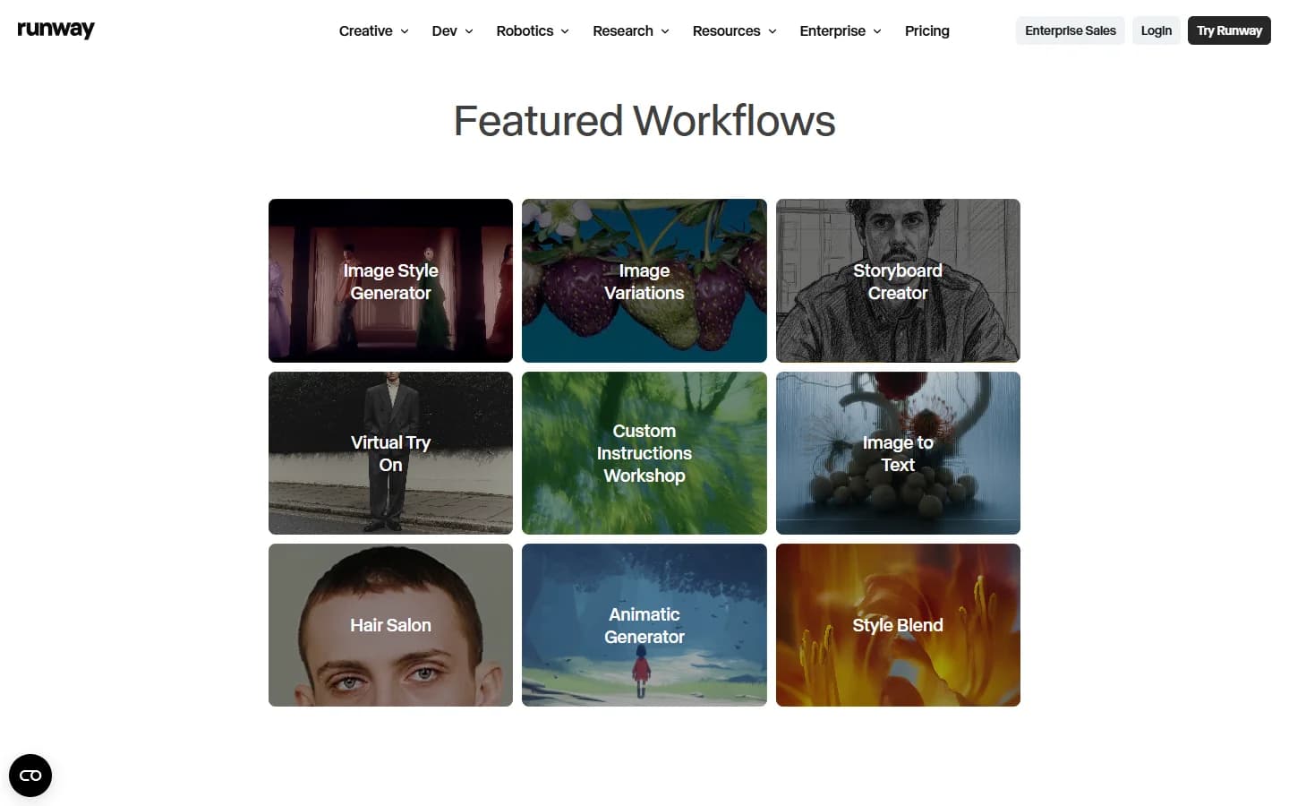 Grille Featured Workflows de la page Runway Workflows : Image Style Generator, Image Variations, Storyboard Creator, Virtual Try On, Custom Instructions Workshop, Image to Text, Hair Salon, Animatic Generator et Style Blend.