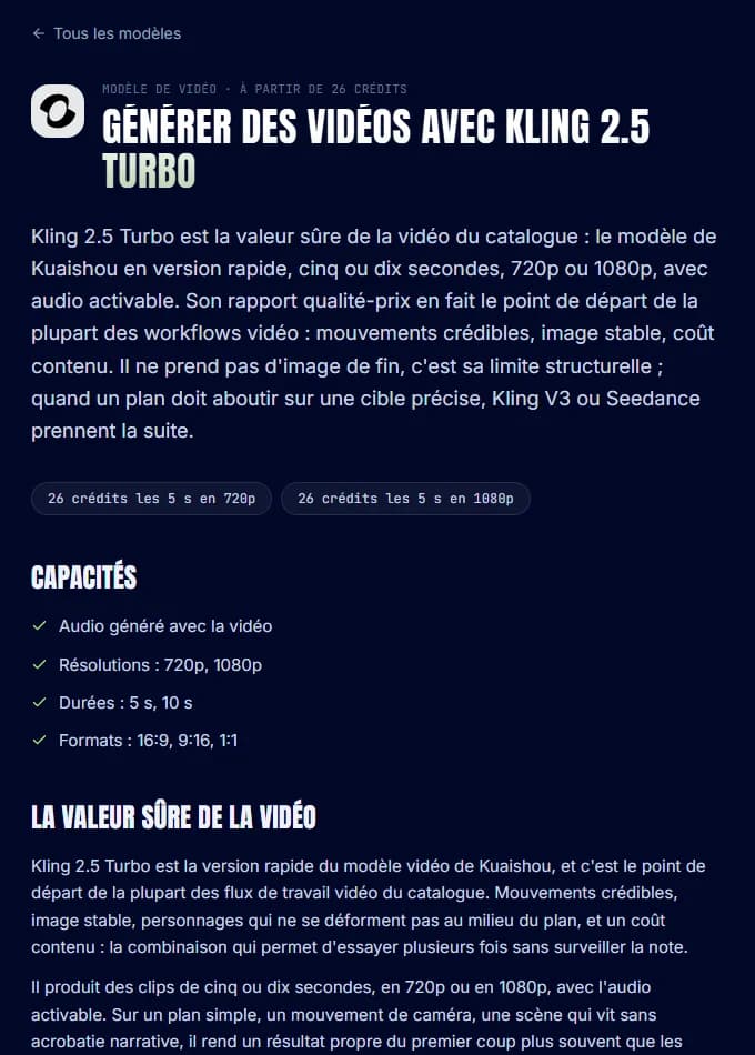 Fiche Kling 2.5 Turbo sur imaginode.ai : durées 5 ou 10 secondes, 26 crédits les 5 secondes en 720p comme en 1080p.