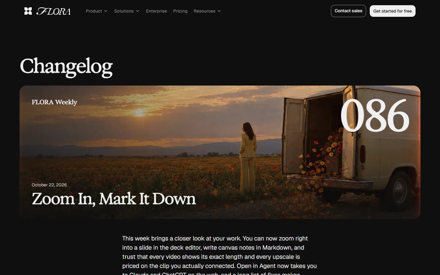 Flora changelog, FLORA Weekly issue 086 dated October 22, 2026, titled Zoom In, Mark It Down, with the start of its summary.
