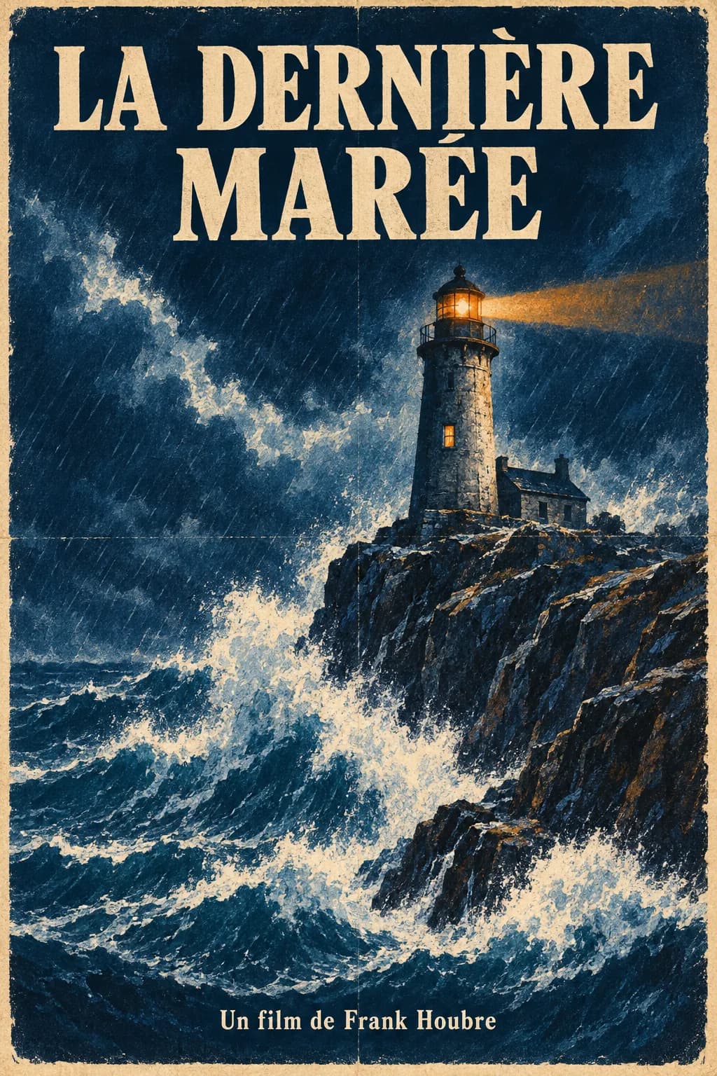 GPT Image 2.5 Flare ile üretilen boyanmış sinema afişi: fırtınada bir deniz feneri, başlık La Dernière Marée, imza Un film de Frank Houbre.