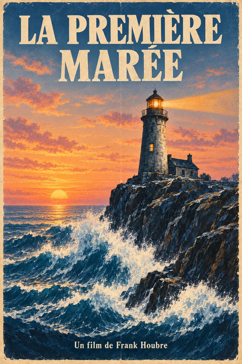 GPT Image 2.5 Sunburst ile rötuşlanan aynı afiş: başlık La Première Marée oldu ve fırtınalı gökyüzü gün batımı, deniz feneri ve imza değişmedi.