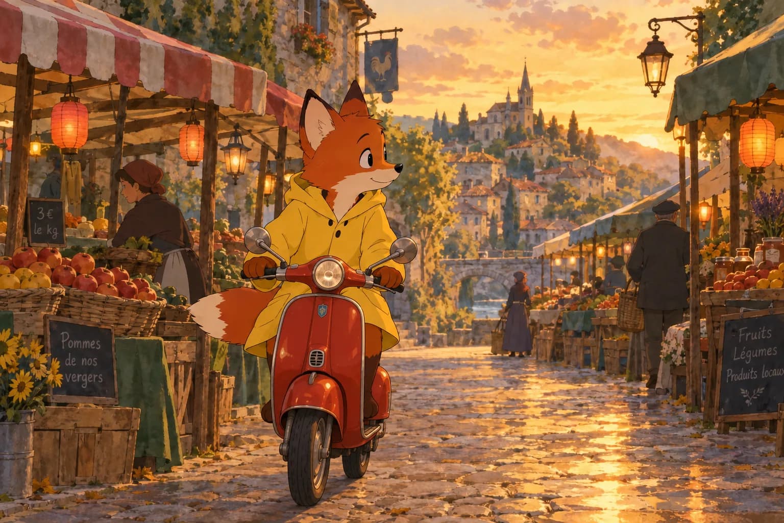 GPT Image 2.5 Sunburst ile rötuşlanan aynı kare: bisikletin yerini kırmızı bir scooter aldı, tilki ve pazar değişmedi.