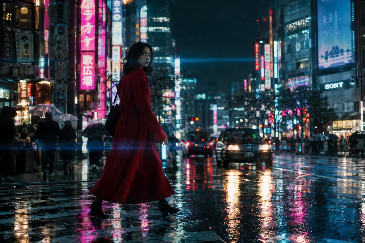 GPT Image 2.5 Flare ile üretilen film karesi: uzun kırmızı paltolu bir kadın gece yağmurda bir Tokyo caddesini geçiyor, su birikintilerine yansıyan neonlar.