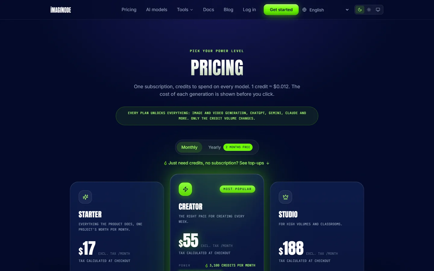 Imaginode pricing page in English: Starter $17, Creator $55 and Studio $188 a month excluding tax, with a note that every plan unlocks everything.