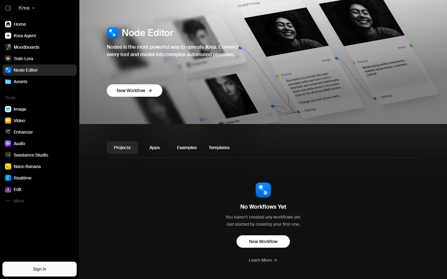 Node Editor de Krea : bandeau Connect every tool and model into complex automated pipelines, bouton New Workflow et onglets Projects, Apps, Examples, Templates.