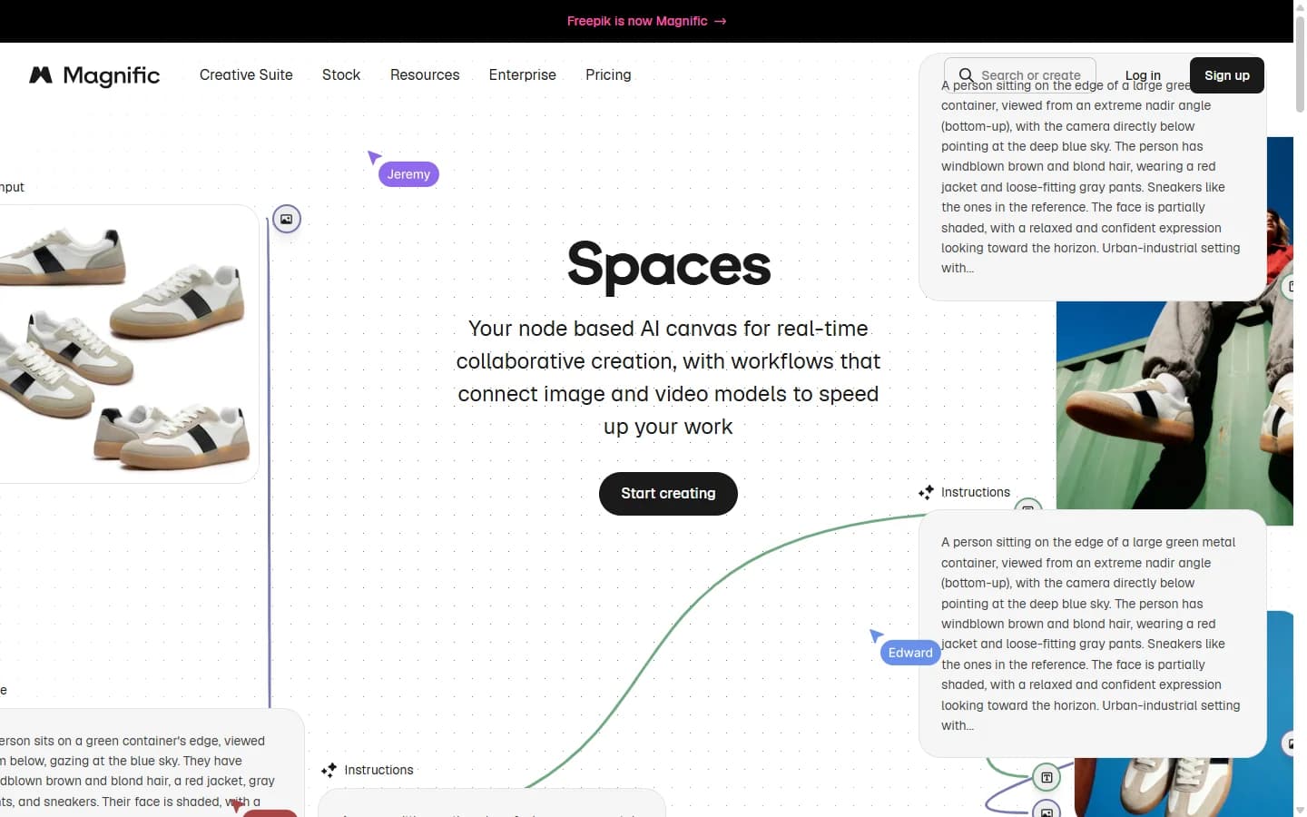 Page Spaces de Magnific : canvas à nodes avec des curseurs nommés Jeremy et Edward, des nodes de prompt reliés à des images de baskets.