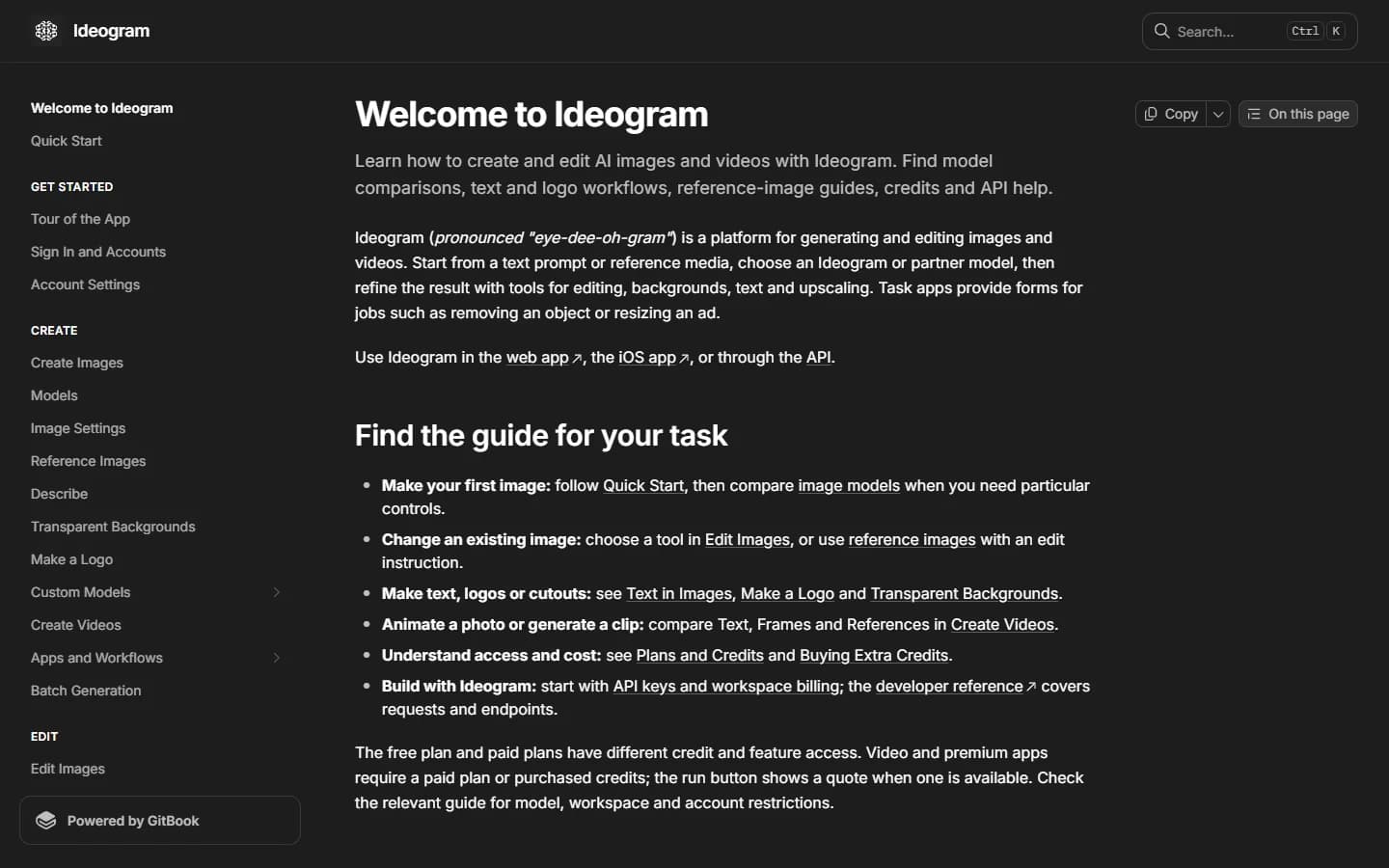 Ideogram documentation home page, with guides for text in images, logos and transparent backgrounds.