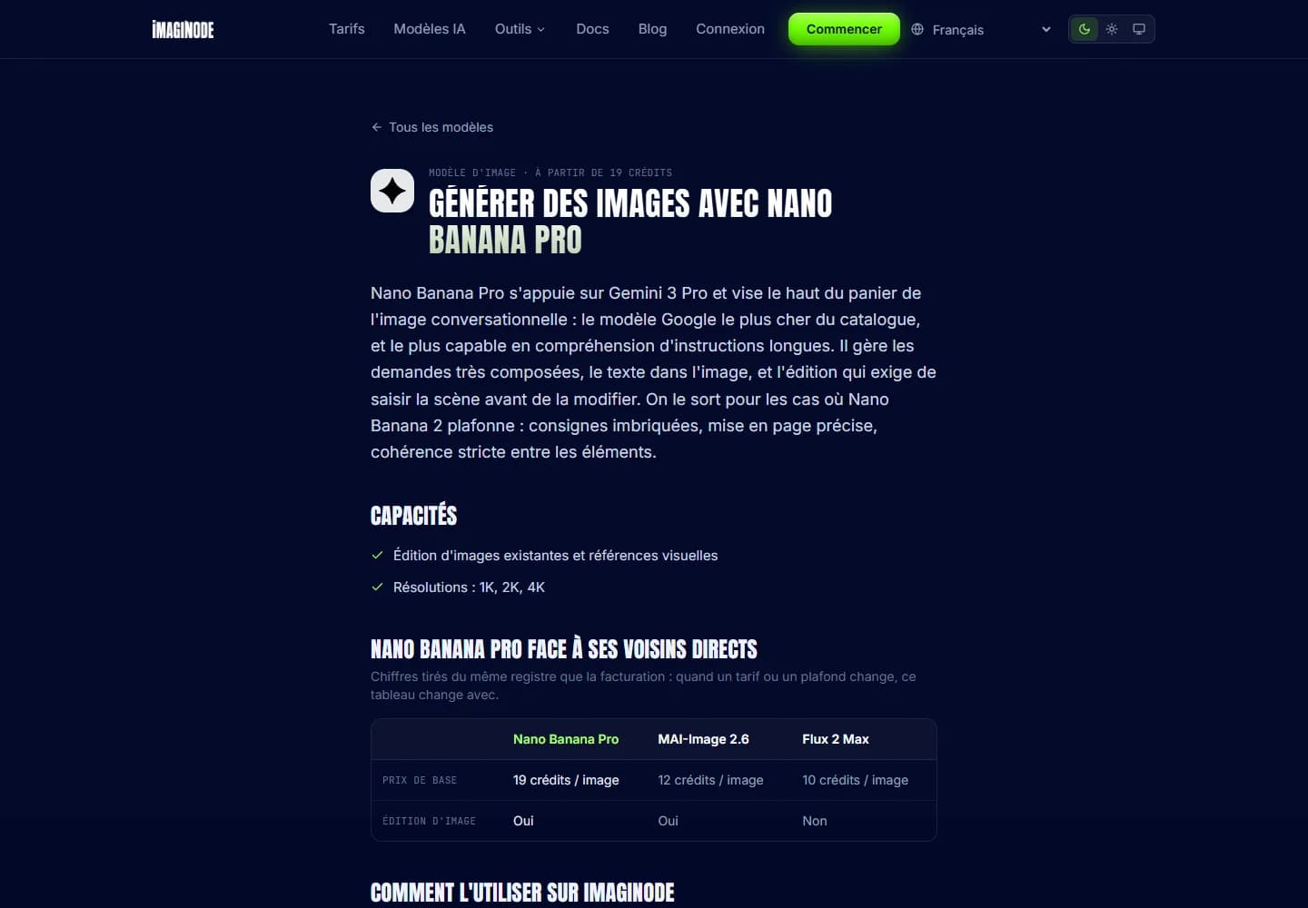 Nano Banana Pro page on Imaginode: 19 credits per image, compared with MAI-Image 2.6 and Flux 2 Max.