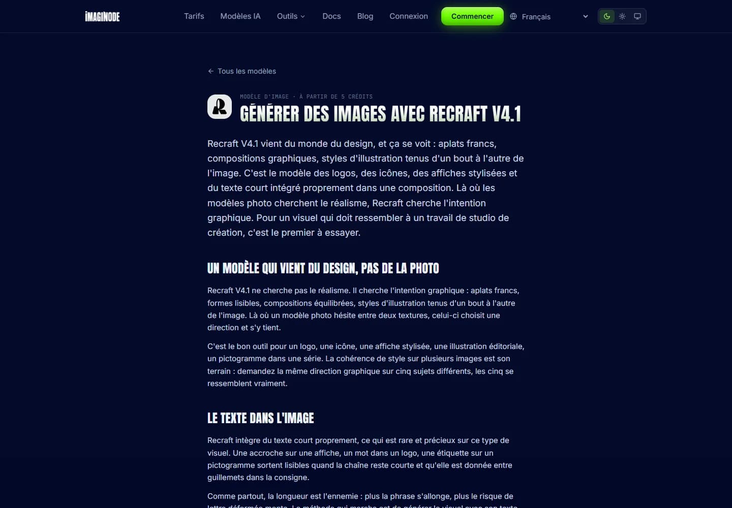 Recraft V4.1 page on Imaginode, presented as the model that comes from design.