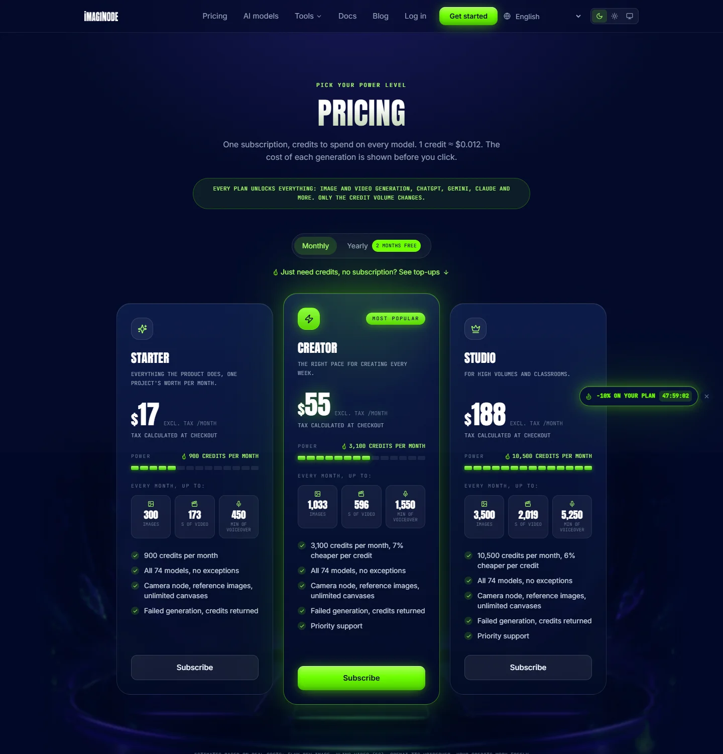 Imaginode pricing page: Starter $17, Creator $55, Studio $188 a month before tax.