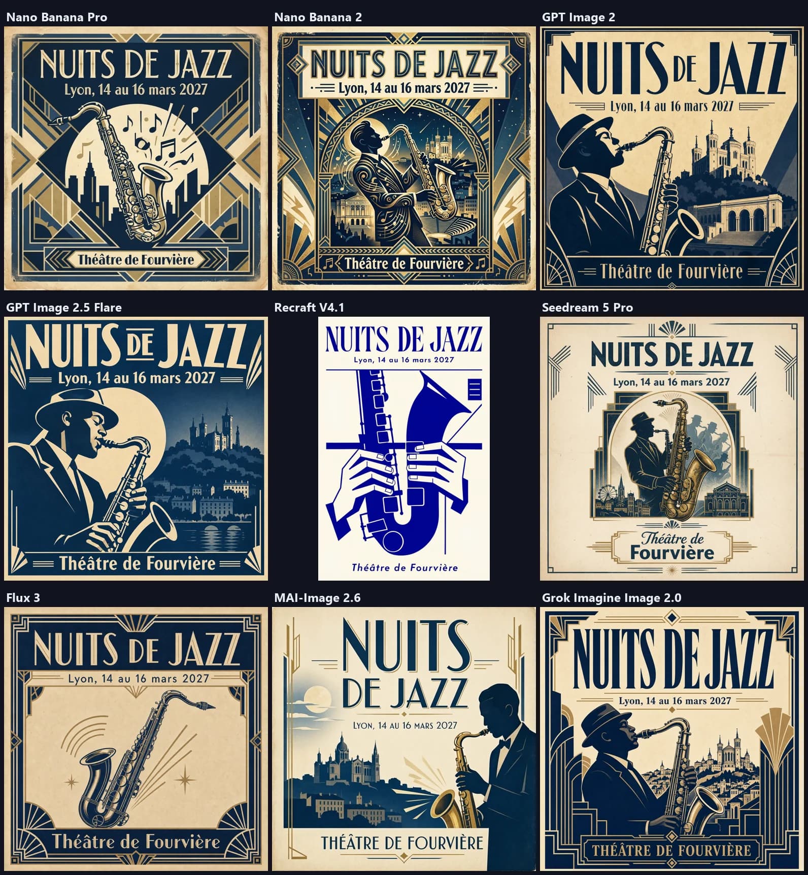Nine art deco posters reading "NUITS DE JAZZ" made by nine AI models, with the date and "Théâtre de Fourvière".