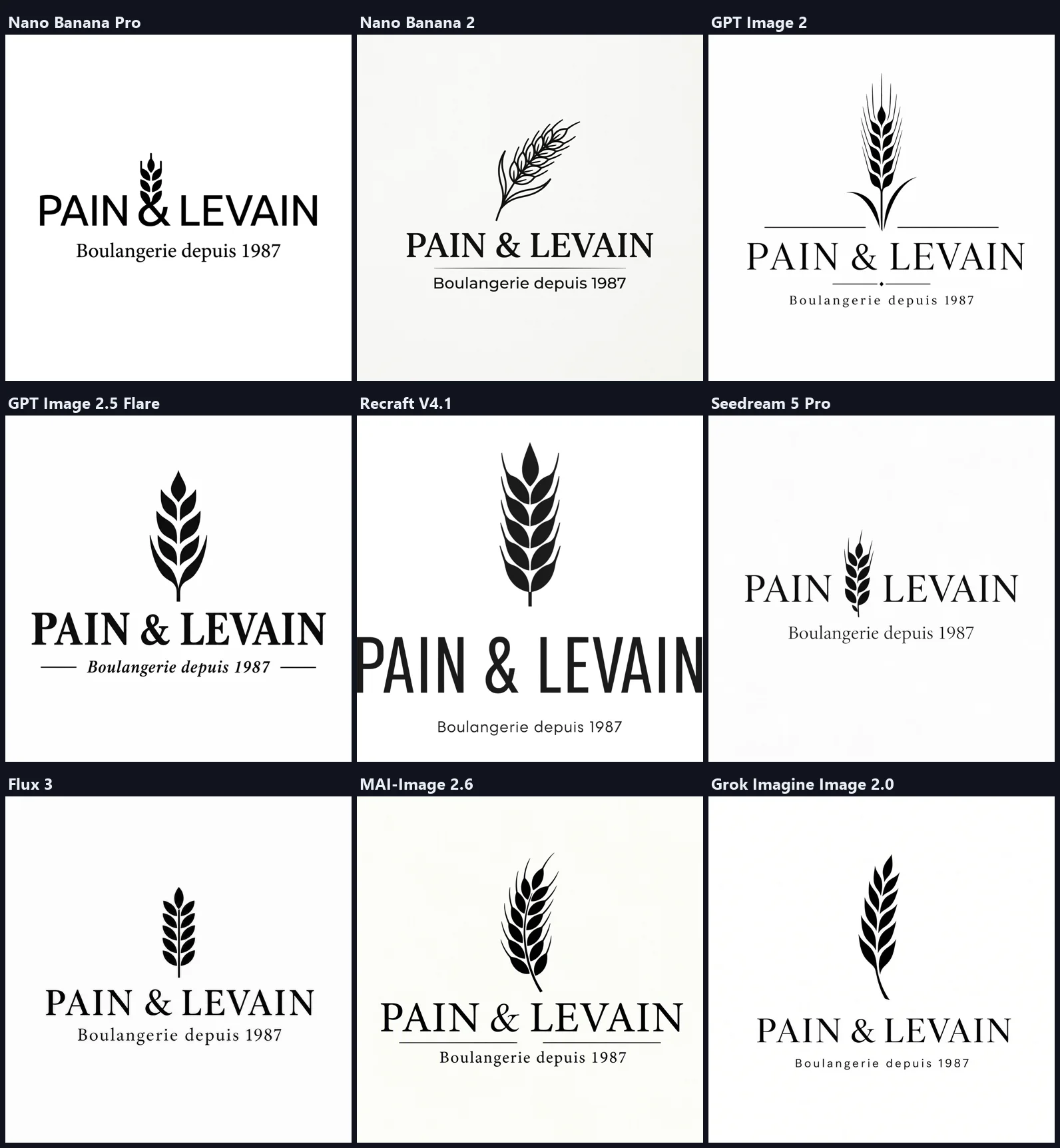 Nine black and white logos reading "PAIN & LEVAIN" with a wheat ear and the line "Boulangerie depuis 1987".