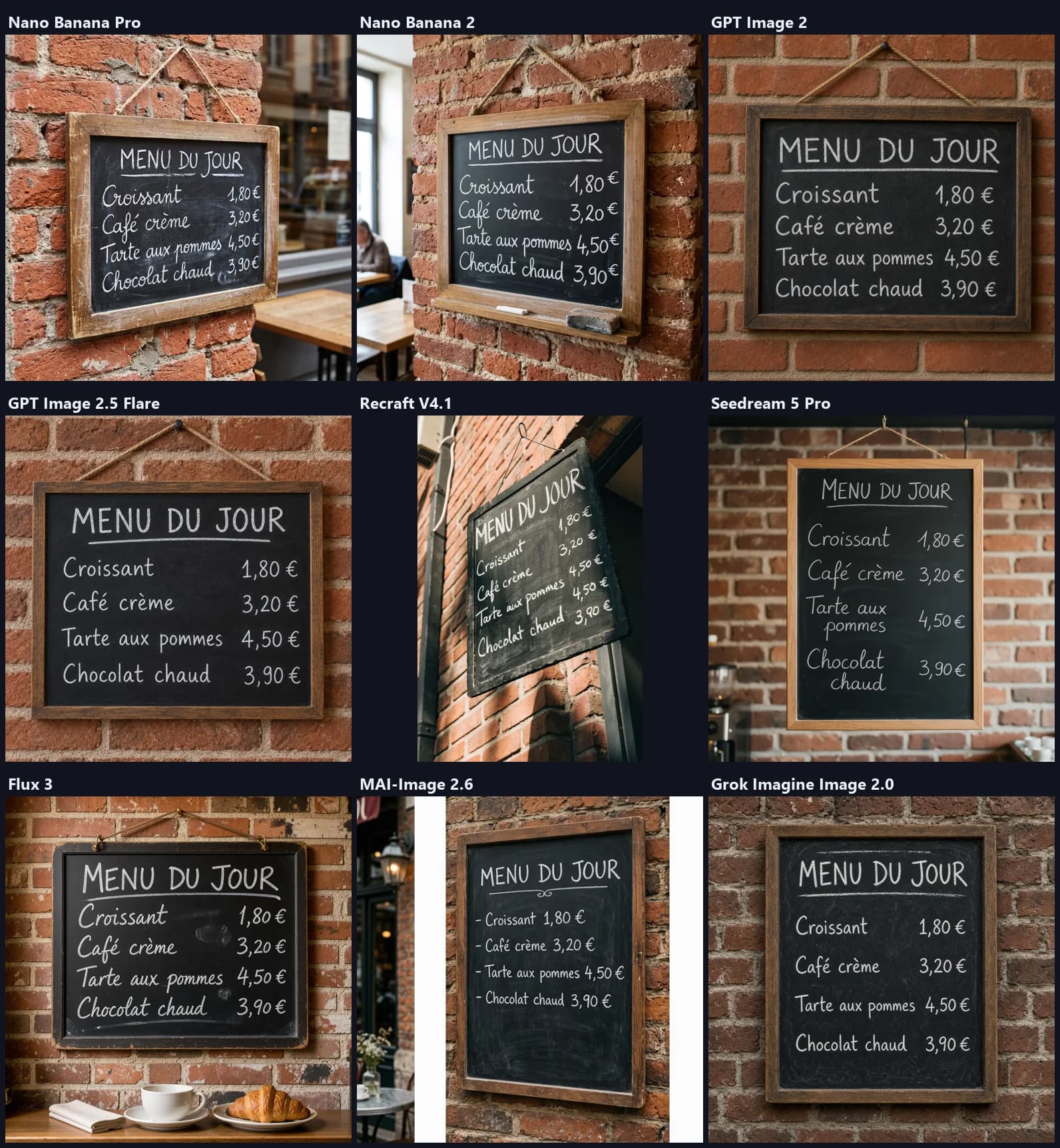 Nine café chalkboards reading "MENU DU JOUR" followed by four items and their prices in euros.