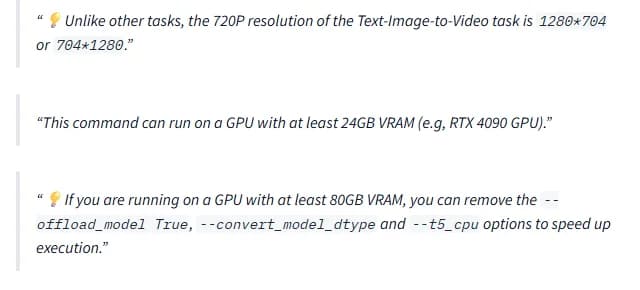 Excerpt from the Wan2.2-TI2V-5B model card: the command runs on a GPU with at least 24GB VRAM, for example an RTX 4090, and 720p means 1280 by 704.