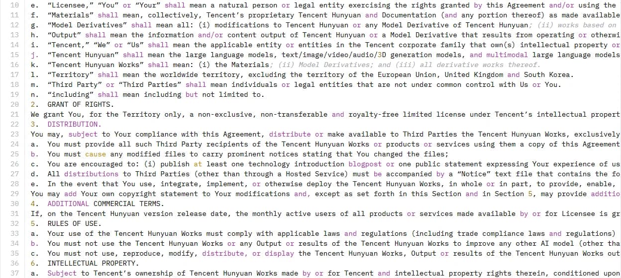 HunyuanVideo 1.5 LICENSE file: the territory is worldwide excluding the European Union, the United Kingdom and South Korea; monthly active users clause; outputs may not be used to improve another model.