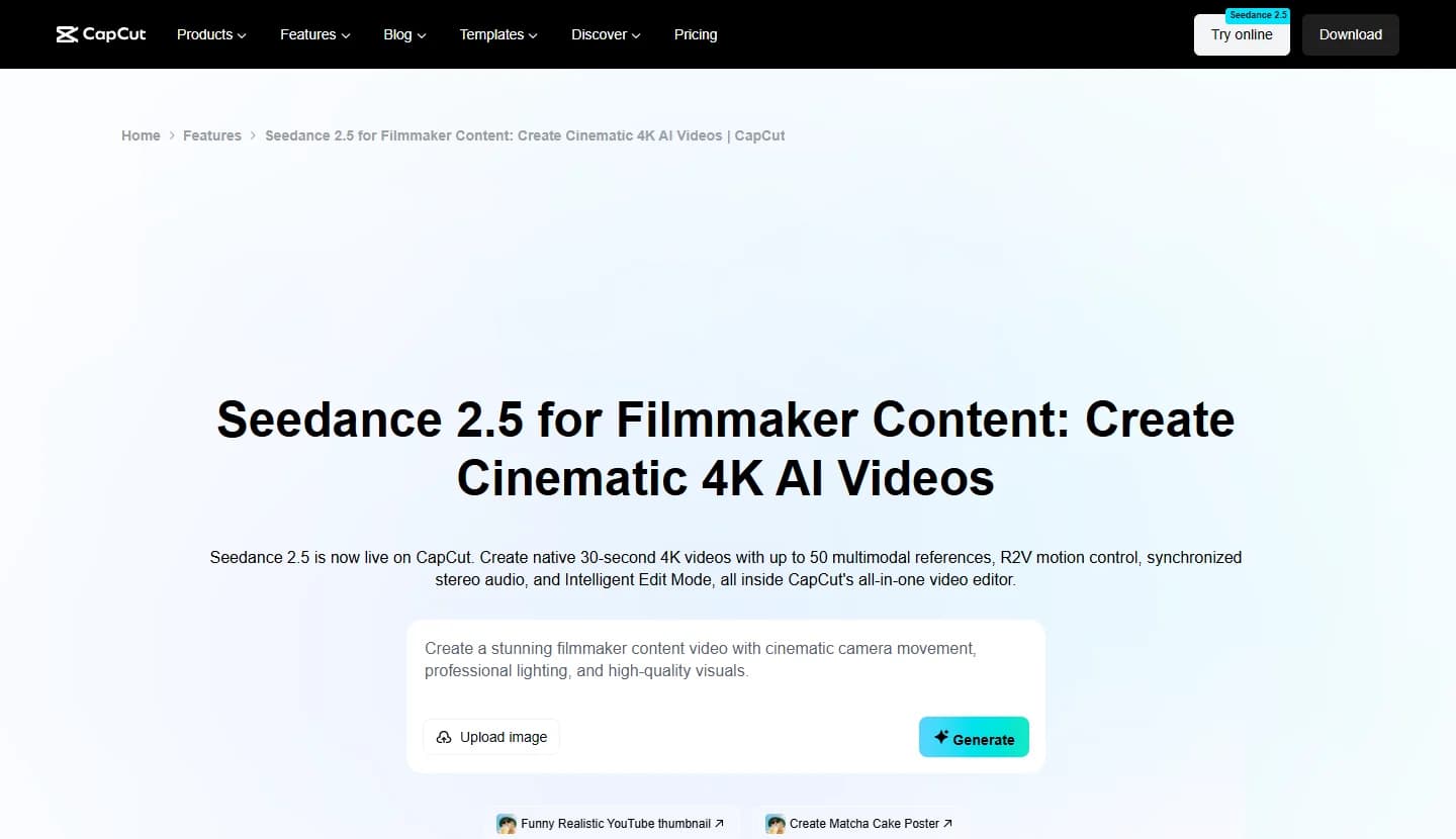 CapCut page for Seedance 2.5, advertising native 30-second 4K videos and up to 50 references.