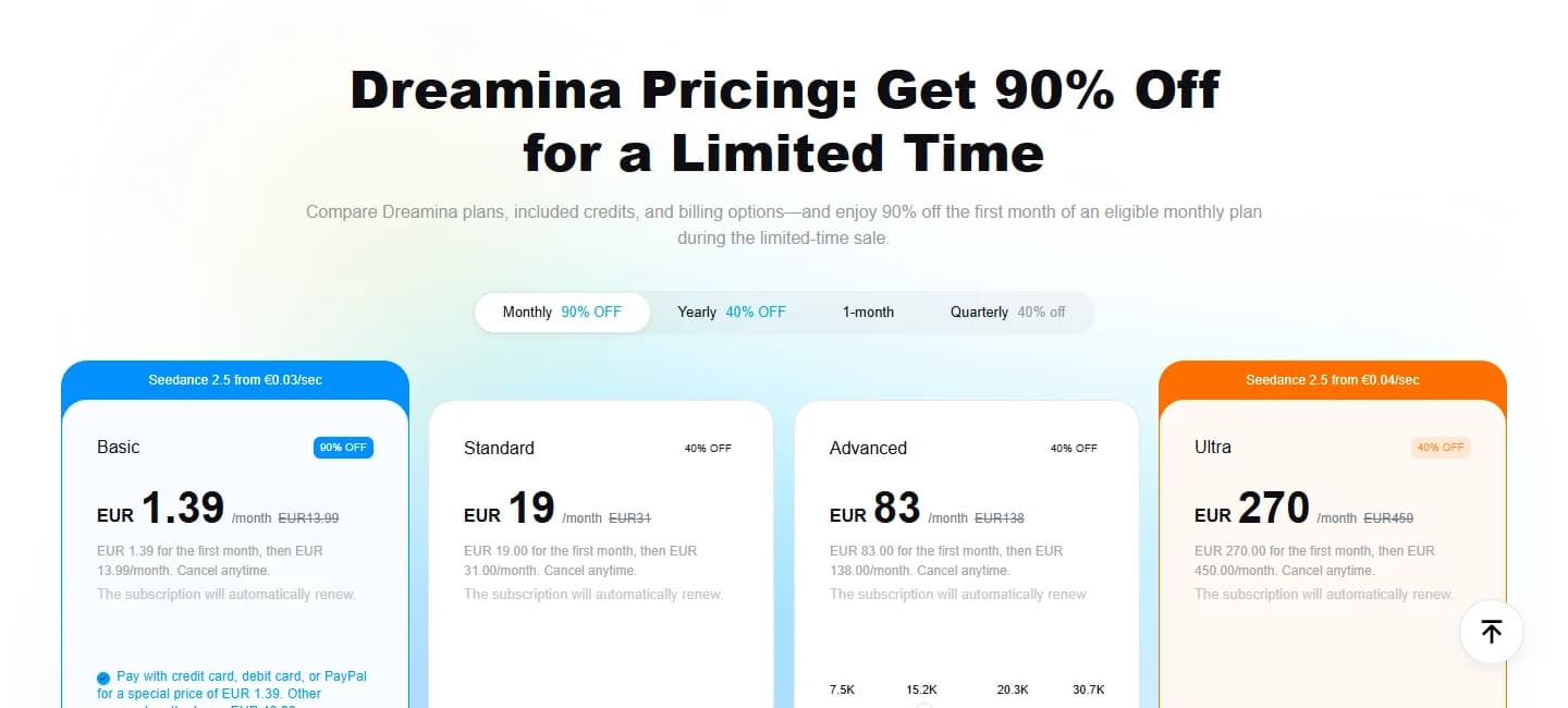 Dreamina pricing on the Seedance 2.5 page: Basic at €1.39 then €13.99, Standard, Advanced and Ultra, with Seedance 2.5 from €0.03 and €0.04 per second banners.