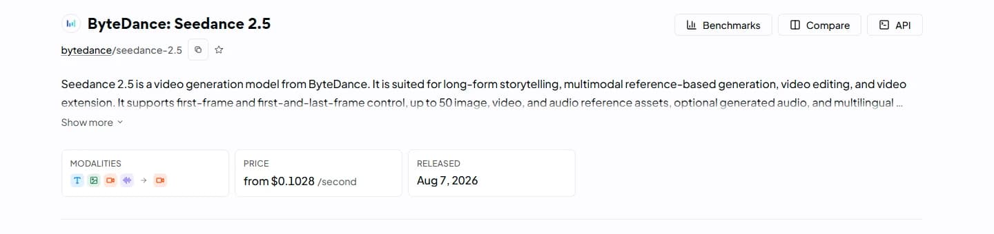 OpenRouter page for ByteDance Seedance 2.5: price from $0.1028 per second, released August 7, 2026.