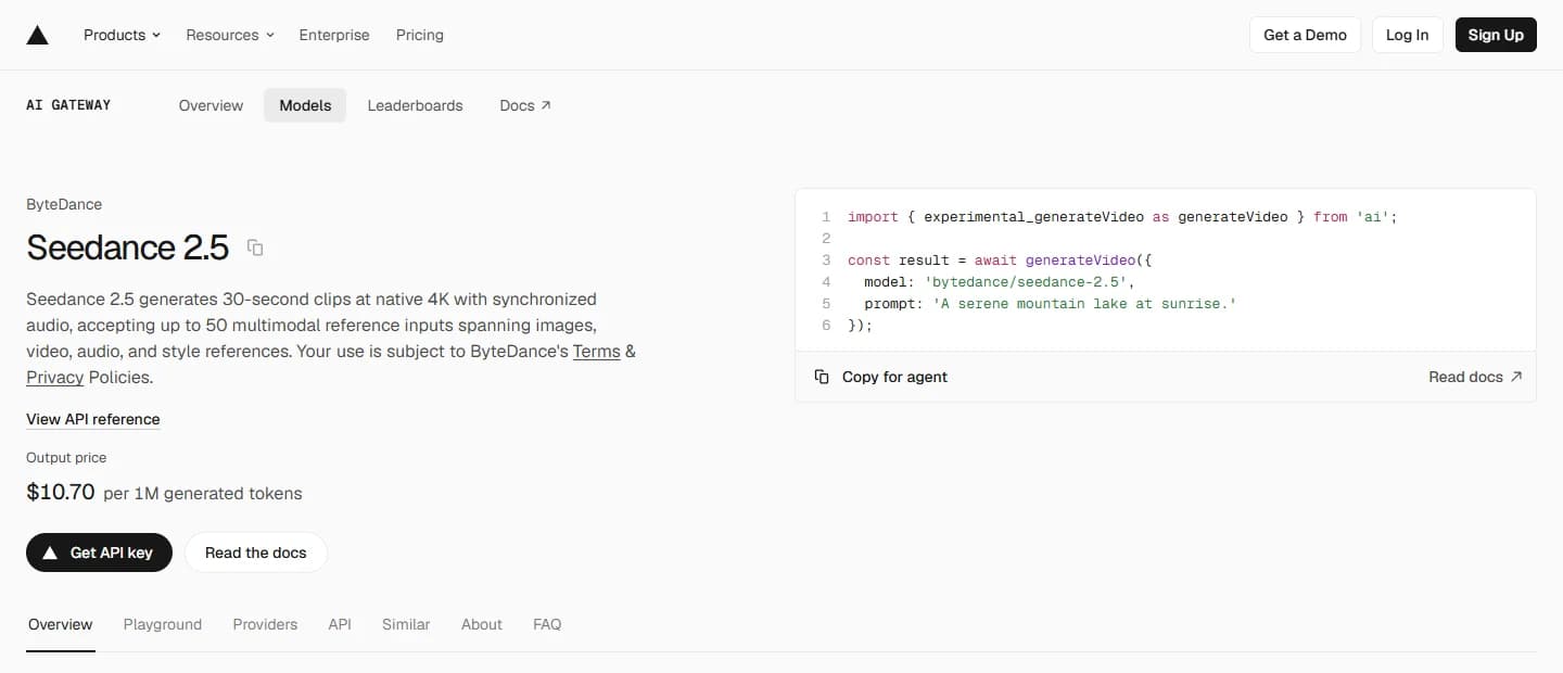 Seedance 2.5 page on Vercel AI Gateway: output price of $10.70 per million generated tokens and a generateVideo code sample.