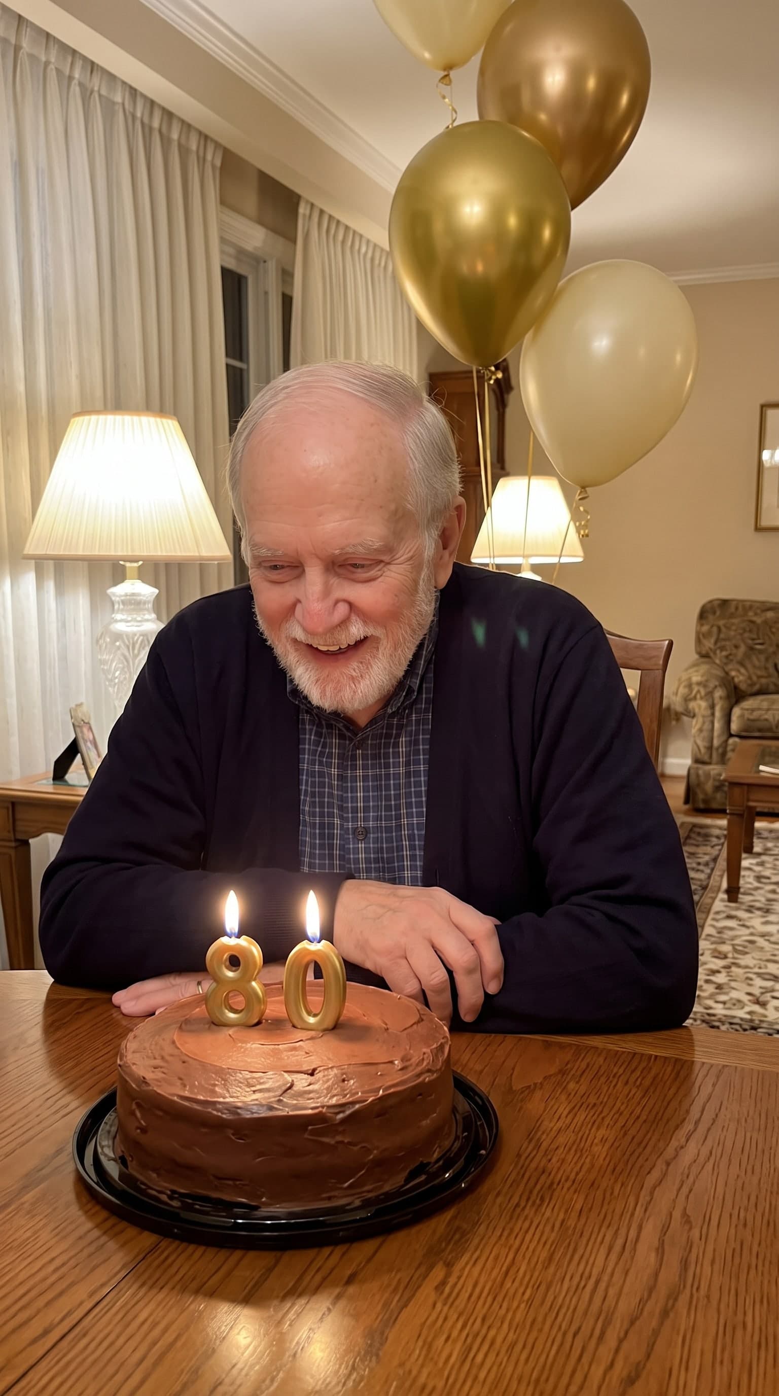 La escena compuesta: el abuelo a la mesa frente a su tarta, con velas 80 encendidas
